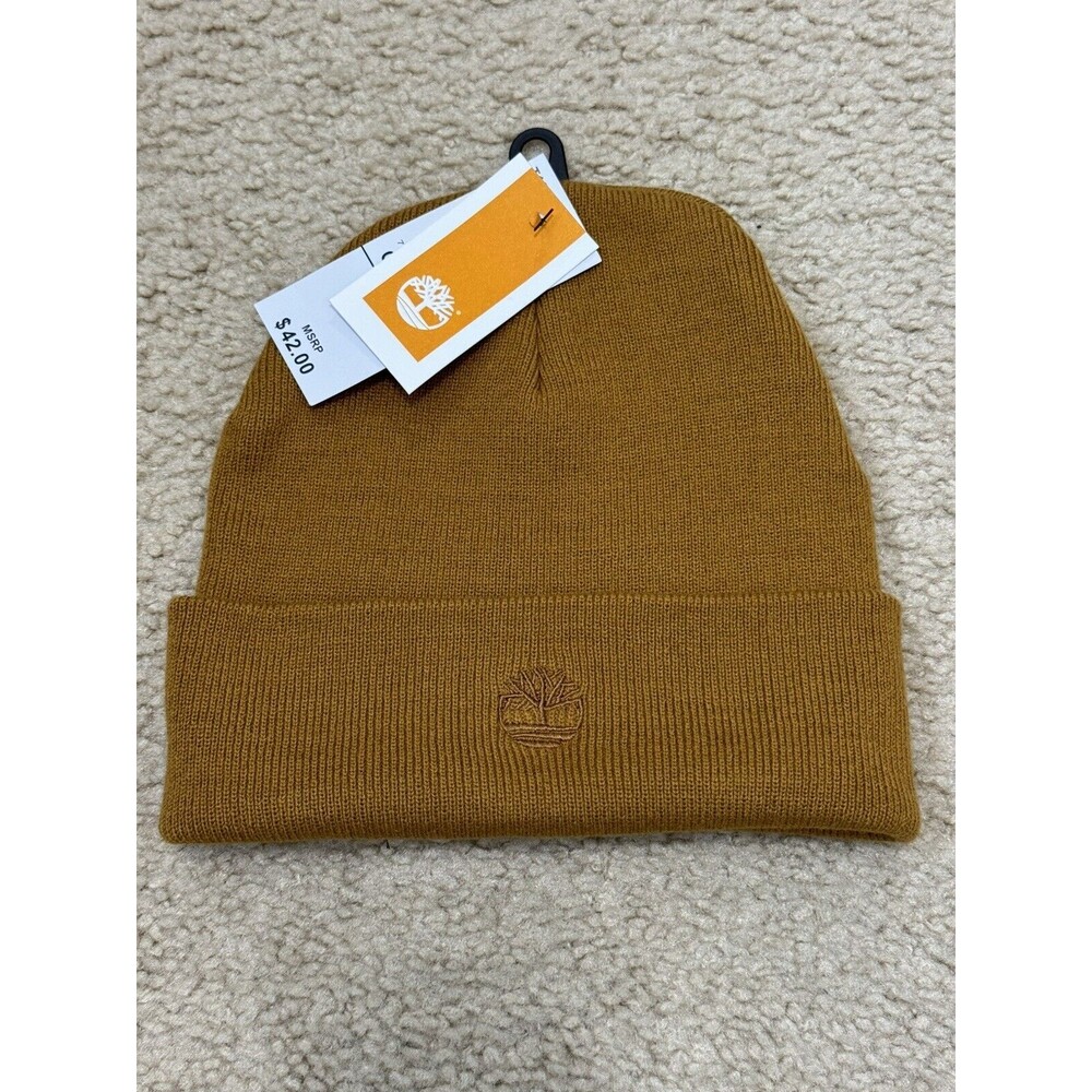 NWT Timberland Tonal Embroidery Logo Rubbed Cuff Wheat Beanie Mens One Size Hat